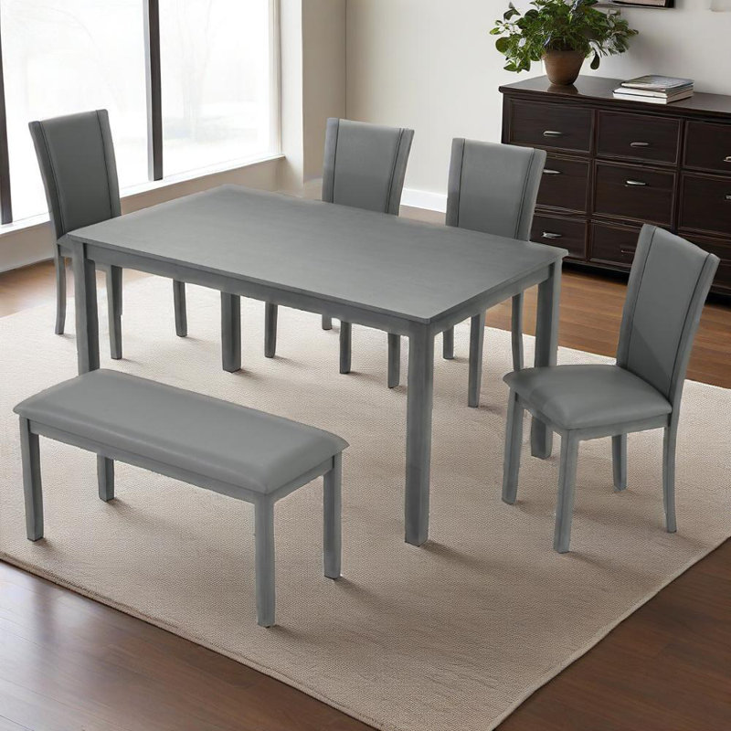 Ensemble de salle à manger rustique 6 pièces avec banc et chaises, Gris