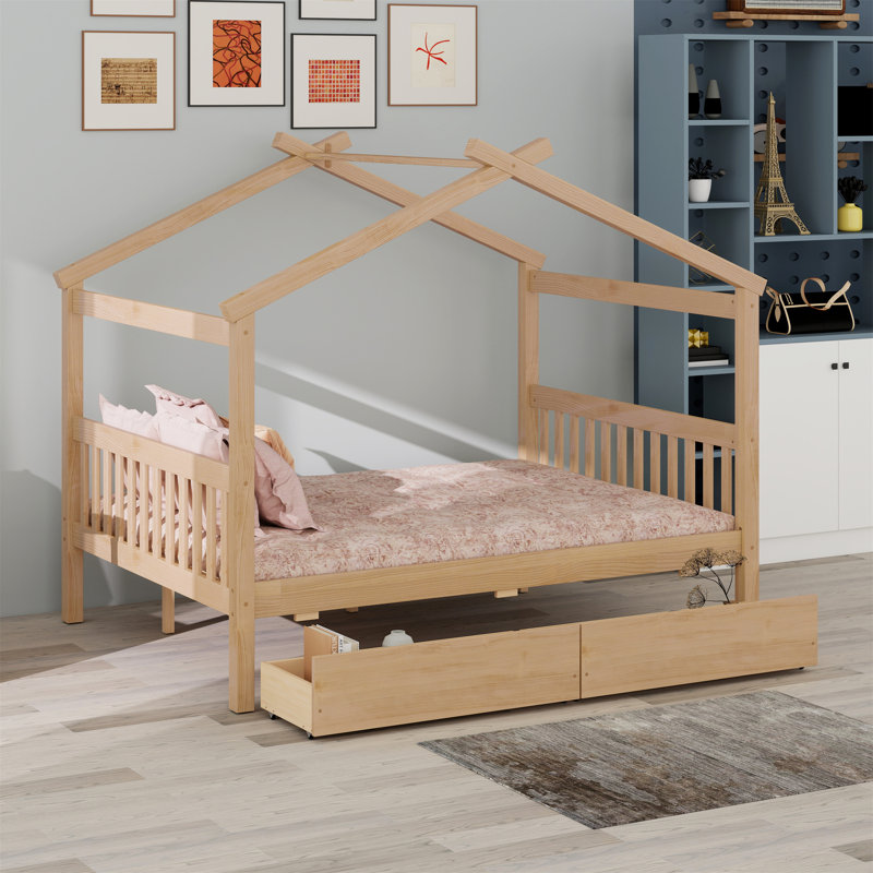 Wooden House Bed With Drawers, Full, Natural