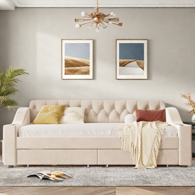 Leyun  Daybed With Storage Armrests, Usb Ports, Side Pockets, 2 Drawers And Button Tufted Design
