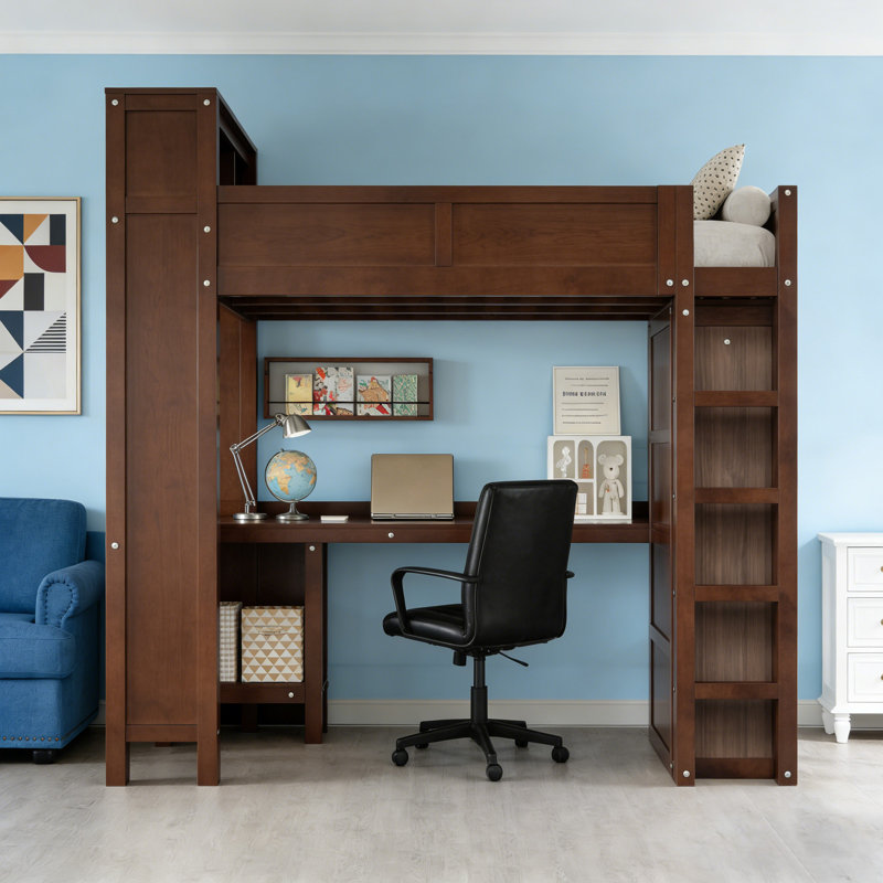 Grand lit mezzanine en bois avec garde-robe, rangement pour bureau et tête de lit avec port USB, brun, Brun