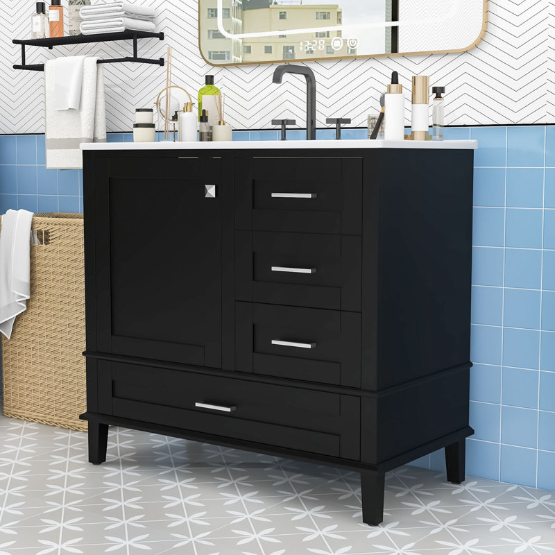 Meuble-lavabo autoportant moderne avec lavabo en céramique lisse, porte à fermeture en douceur et rangement polyvalent, Noir