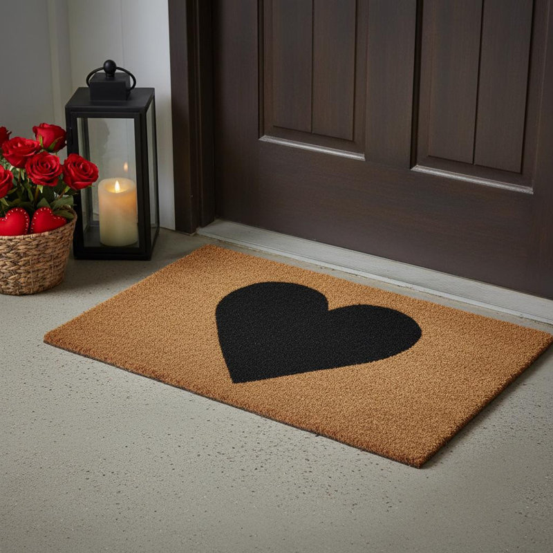 20" X 34" Brown And Black Heart Outdoor Coir Door Mat