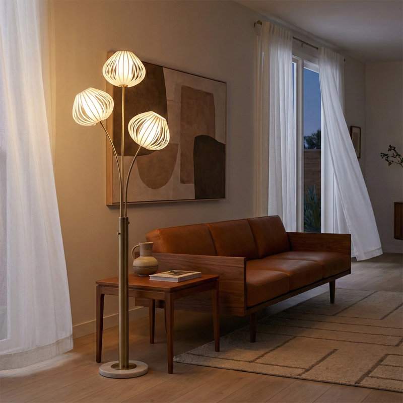 Bloom 3-Light Floor Lamp - Weathered Brass, White Marble Base