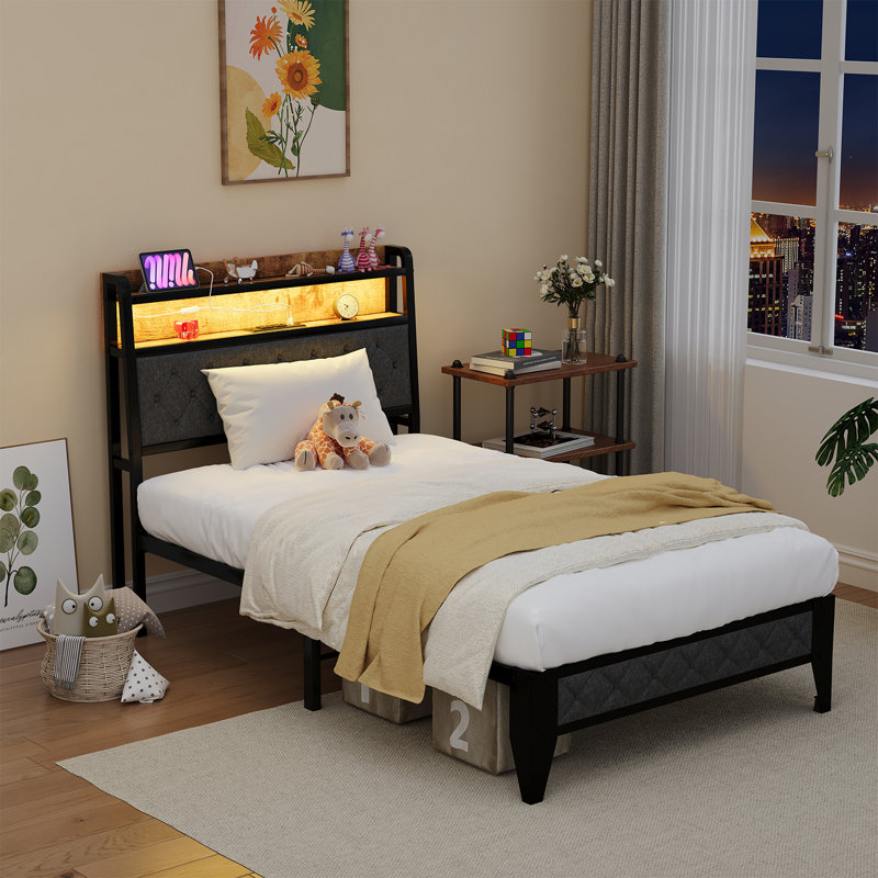 Nevio Bed Frame with Storage Headboard & Charging Station,Platform Metal Bed Frame with RGB Lights, Twin