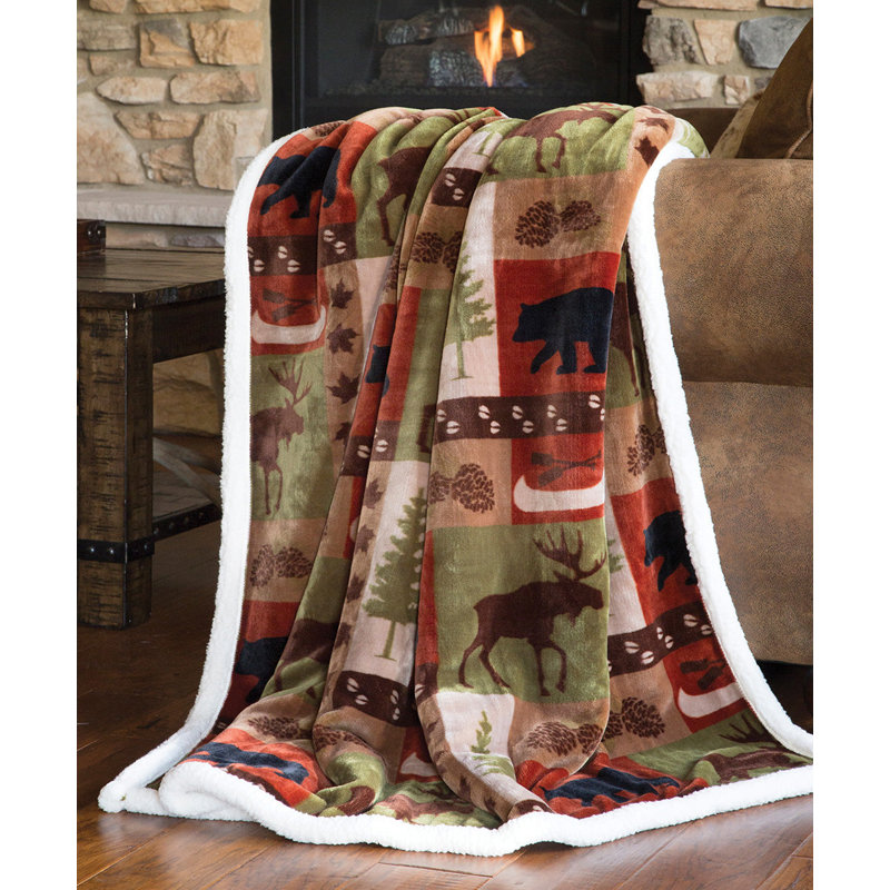 Rustic Patchwork Lodge Reversible Sherpa Fleece Throw Blanket