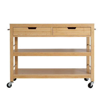 Indoor Multifunctional Natural Bamboo Bar Cart With Locking Wheels, Drawers, And Open Shelves - Ideal For Kitchen, Dining, And Entertaining