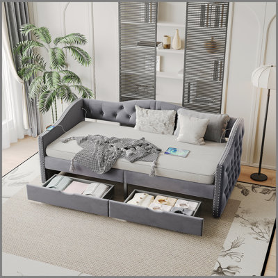 Twin Size Upholstered Daybed with 2 Storage Drawers and USB Charging Design, Velvet Upholstered Daybed Frame, Twin Sofa Bed for Living Room Bedroom, No Box Spring Needed,Plush Velvet Fabric