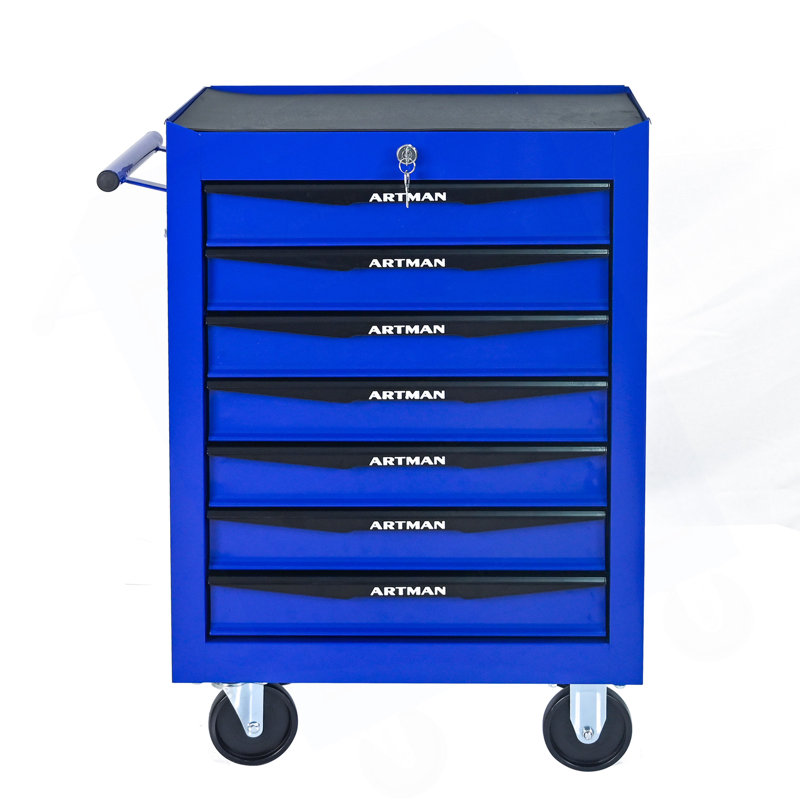 Coffre à outils roulant en métal avec 7 tiroirs, armoire à outils à 7 tiroirs de 20 po avec glissières à roulement à billes, coffre à outils en acier - Noir et bleu