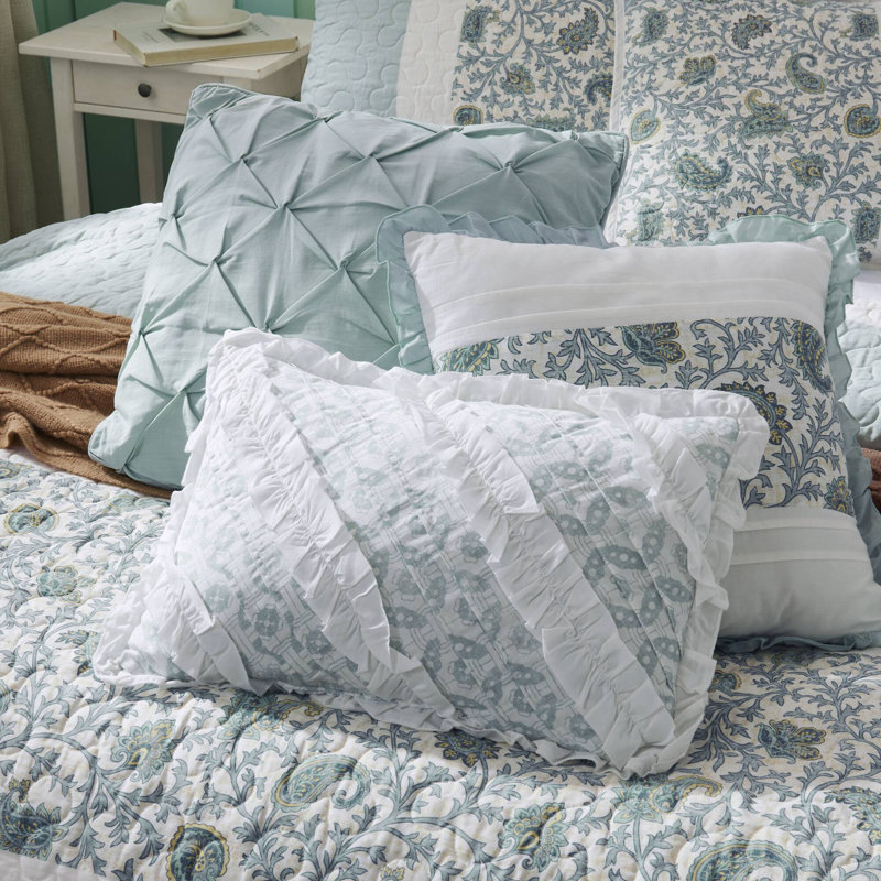 Dawn 6 Piece Cotton Percale Quilt Set with Throw Pillows, King/Cal.KingCoverlet+2 King Shams + 3Throw Pillow, Aqua