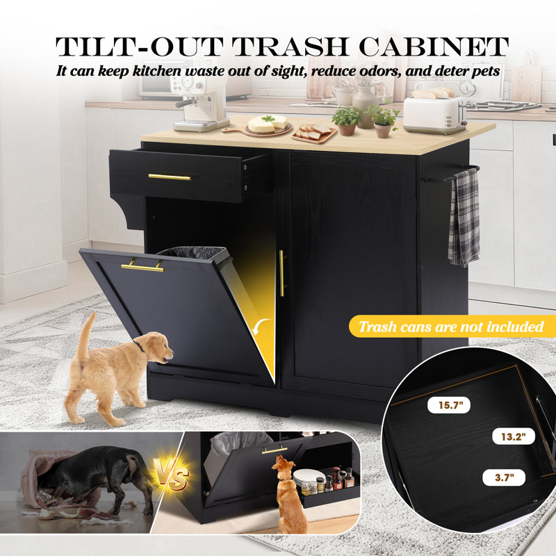 Rolling Kitchen Island Cart W/drop Leaf, Portable Kitchen Islands W/storage Cabinet, Drawer, Spice Towel Rack, Island Table For Kitchen W/trash Storage Cabinet, Mobile Island Table, Black