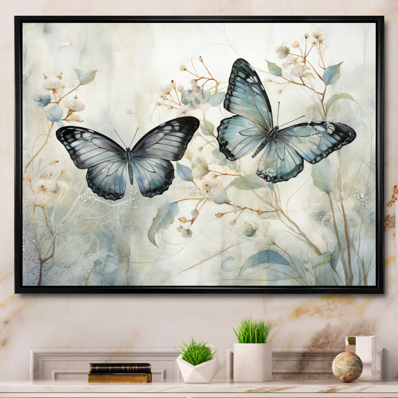 «Blue Beige Butterfly Wings Of Serenity», art sur toile papillon, H 24 po x l 32 po, Reproduction avec cadre flottant, Noir