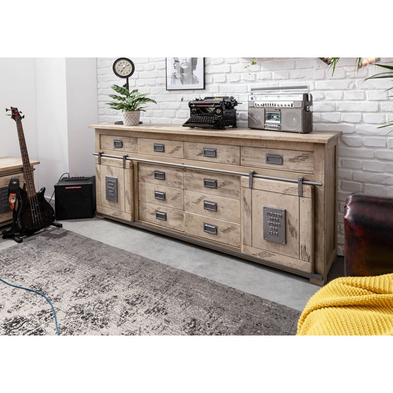 Railway 200cm Solid Wood Sideboard, Whitewash lacquered