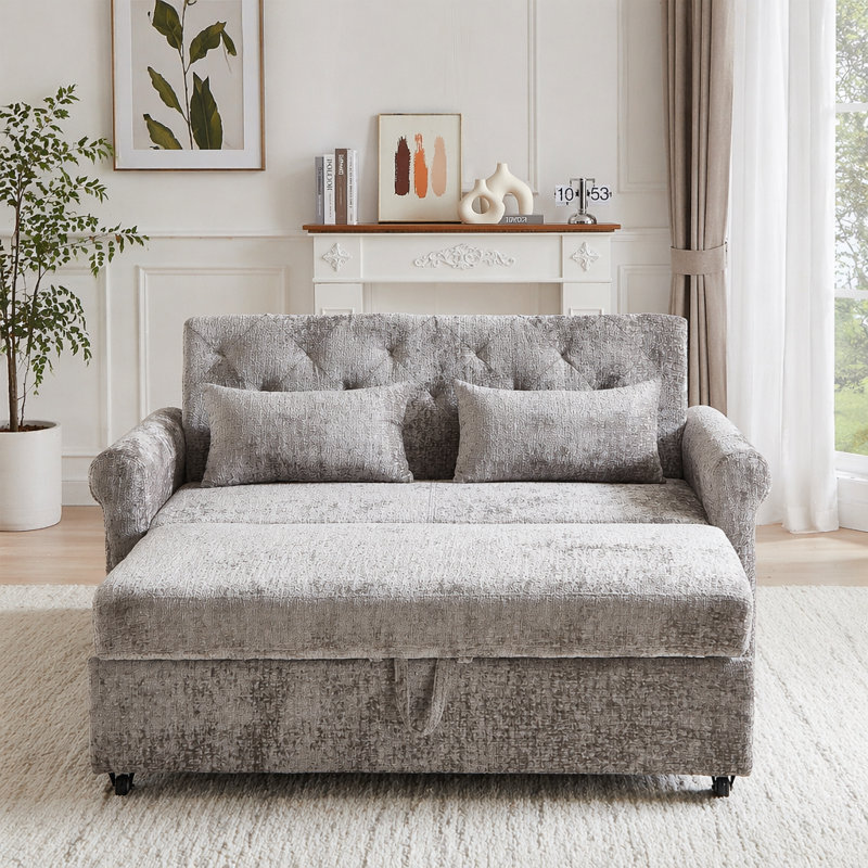 Canapé-lit moderne capitonné gris, Tissu gris; velours
