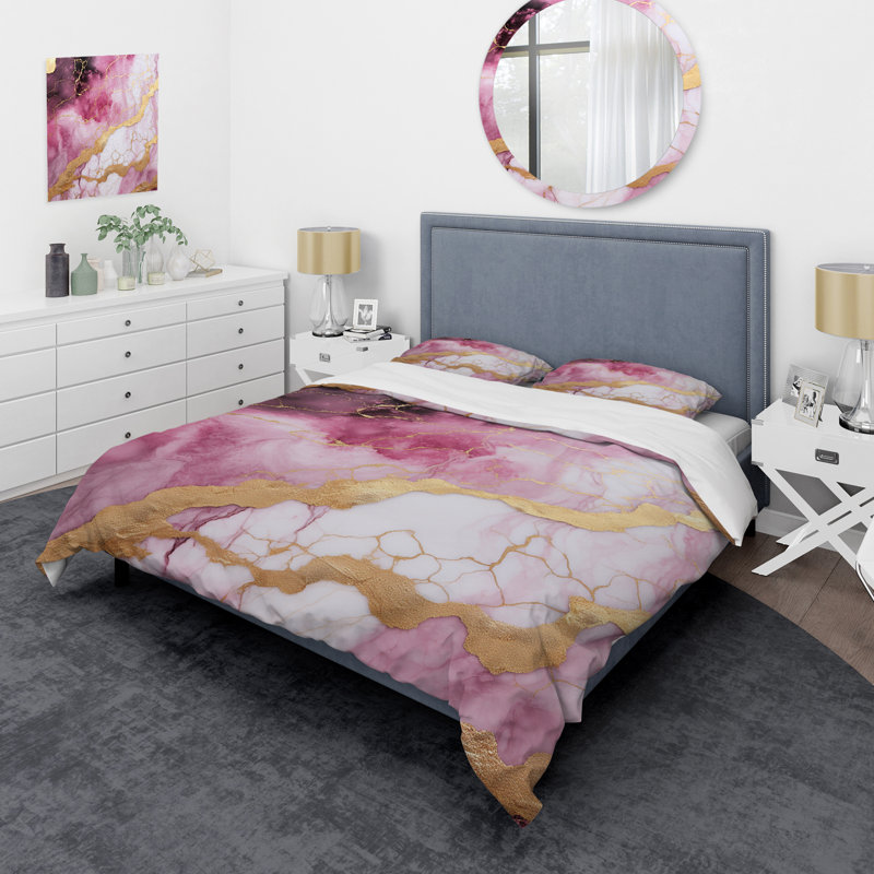 Ensemble de housse de couette en marbre rose et doré Essence III - Abstract, Housse de couette pour très grand lit et 2 très 