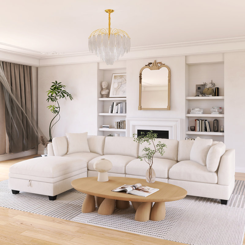 Upholstered Modular Sofa With Removable Storage Ottoman, Beige Polyester