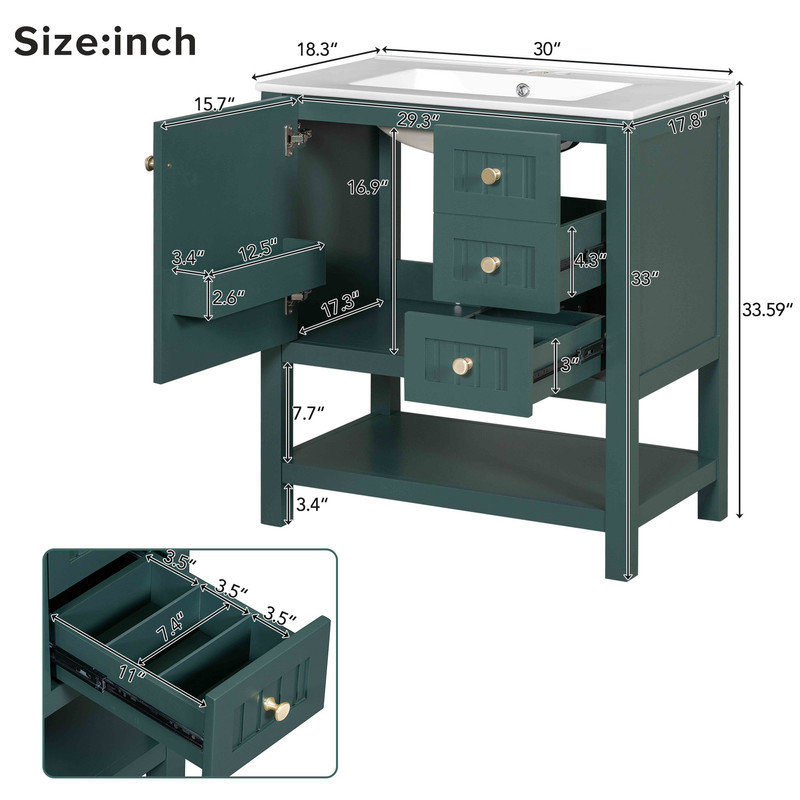 30" Transitional Bathroom Vanity Combo with Sink, Green