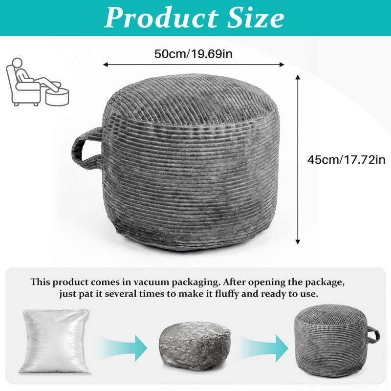 Stuffed Round Corduroy Pouf Ottoman, Shredded Foam Filled Footrest With Non-Slip Rubber Grips, Soft Fluffy & Easy To Move, Versatile Footstool For Couch