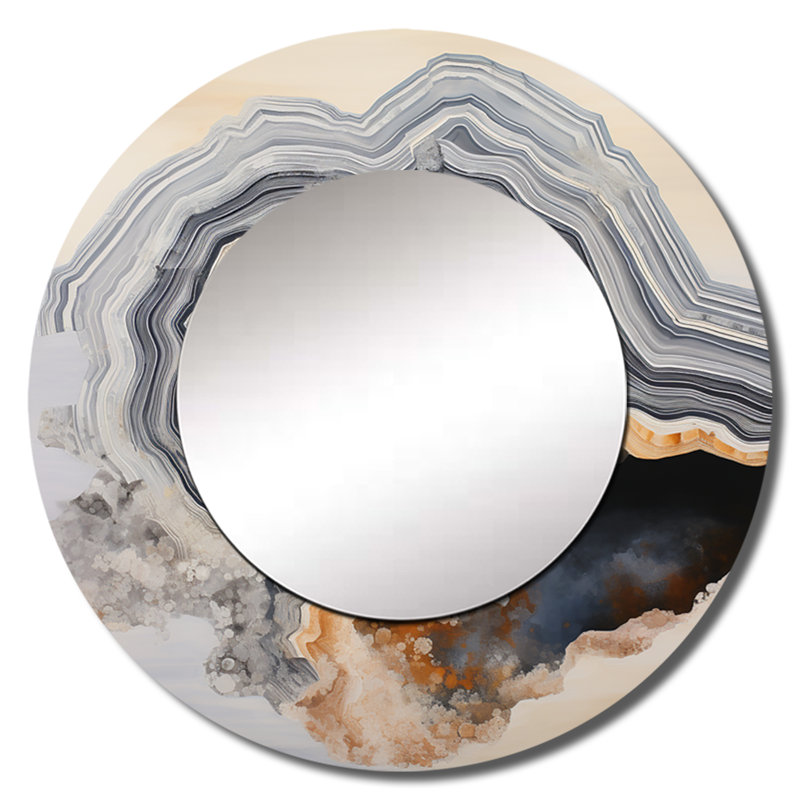 Stone Geode Scenery Minimalisme I - grand miroir en pierre géode, miroir mural rond beige, impression d'art en métal