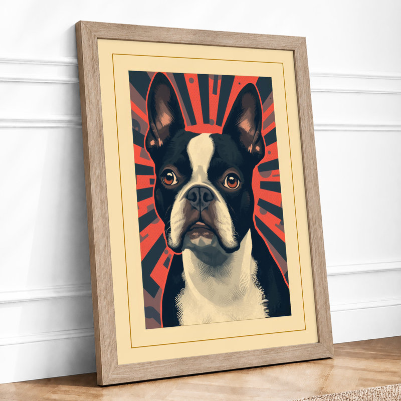Boston Terrier Rising Retro - Framed Print, A3 - 42.0 x 29.7 cm, Oak