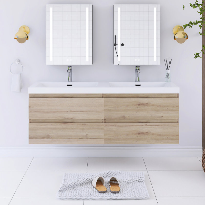 Meuble-lavabo mural double 59 po avec plateau en résine Macmaster, Naturel