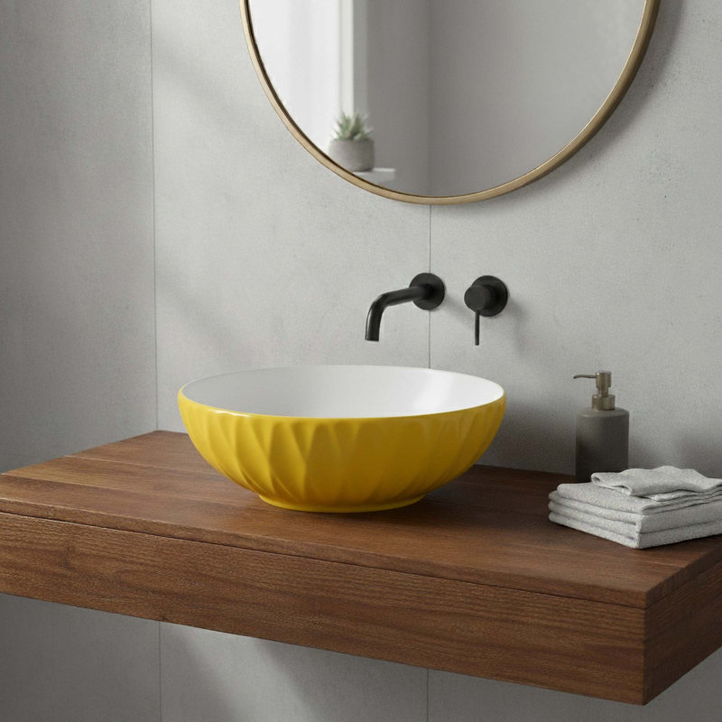 16" Round Ceramic Vessel Bathroom Sink – Modern Textured Bowl Design in Yellow, Yellow