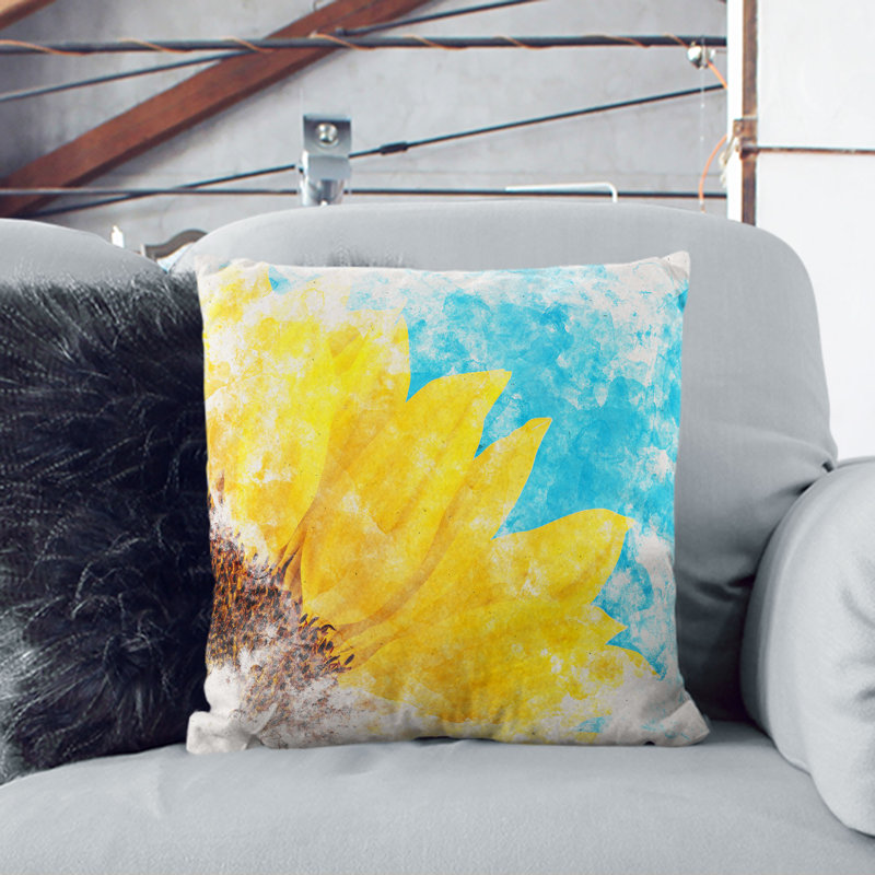 Sunflower at the End of Summer Watercolour Cushion with Filling, 55cm H x 55cm W x 20cm D, White