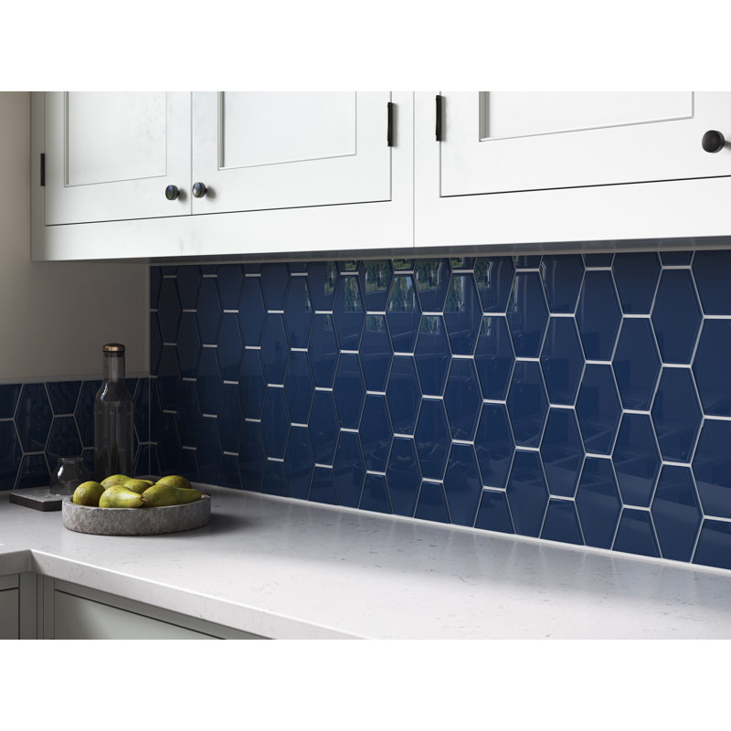 Long Hex 10.60in.x11 in. Glass Mosaic Tile, Deep Blue Gloss