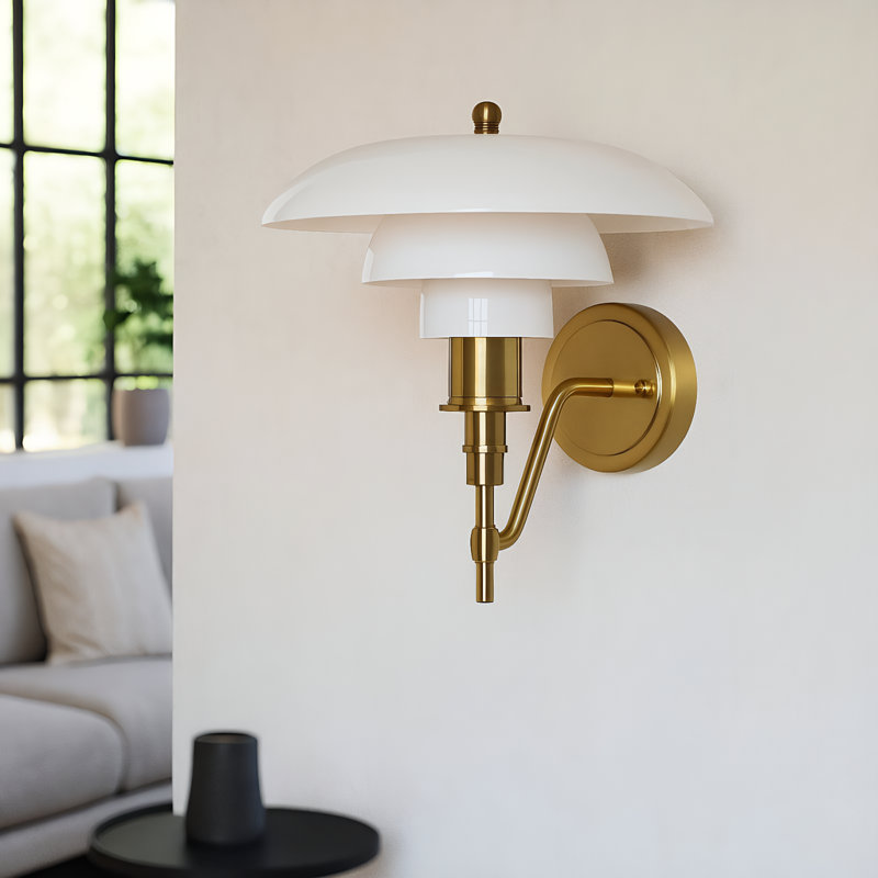 Marshal Designer Wall Sconce With Triple Opal Glass Shade, Gold Finish, Vintage-inspired Glare-free Wall Light, E26 G45 Bulb Compatible