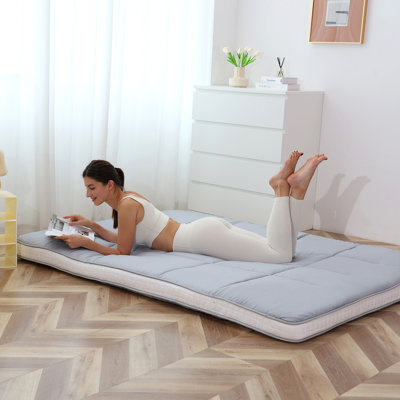 4" Thick Japanese Floor Mattress, Twin Size Gray Square Pattern Quilted Foldable Floor Mattress