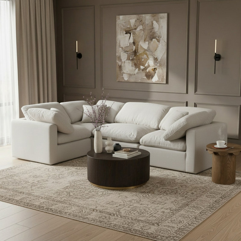 Itala Upholstered L-Shaped Sectional Reversible, Cream Linen Textured Fabric