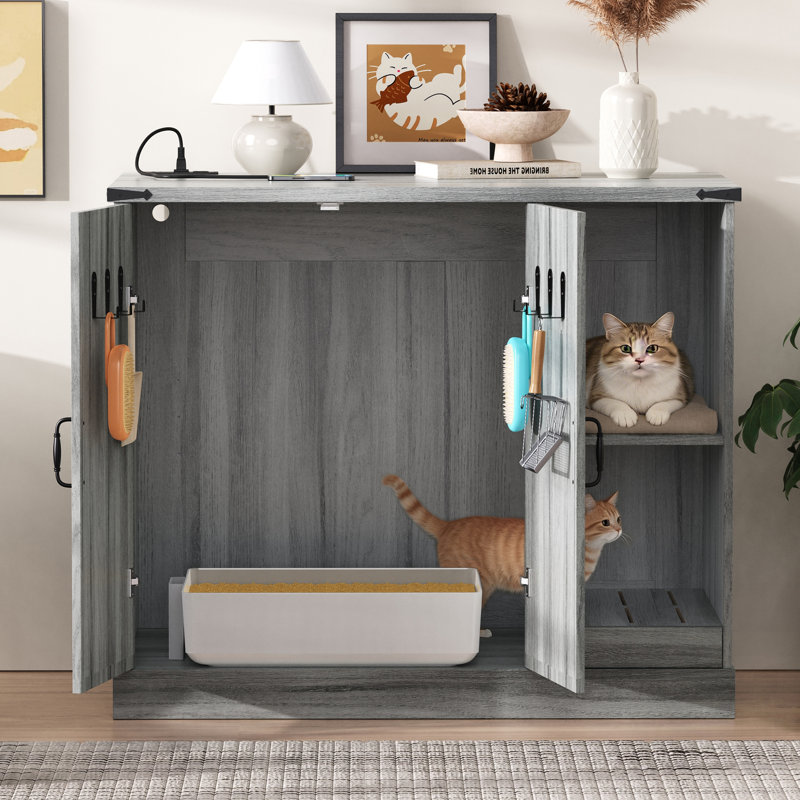 Armoire à litière pour chat avec prise de courant, meuble à litière moderne pour grandes boîtes à litière automatiques, bac à litière caché avec bac à litière, tablettes de rangement réglables