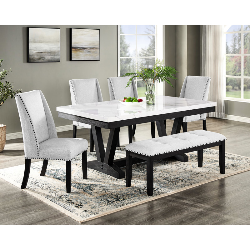 Transitional Upholstered Dining Bench With Grey Seat And Black Legs For Home Furnishings Modern Gray Upholstery