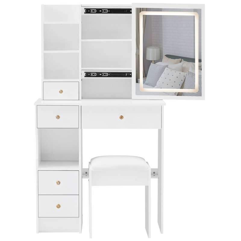 Compact Vanity Table with LED Mirror & Storage Drawers -Dressing Table with Cushioned Stool, White w/LED