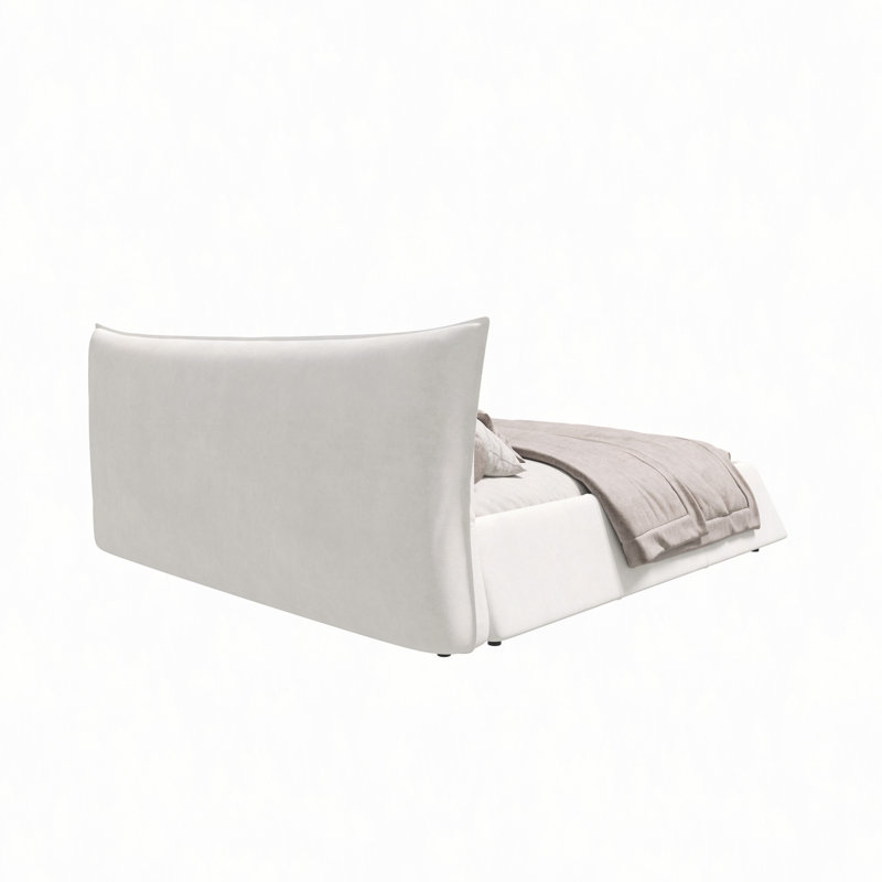 Lit plateforme tapissier avec tête de lit en velours de forme spéciale, structure en métal et bois massif, Beige