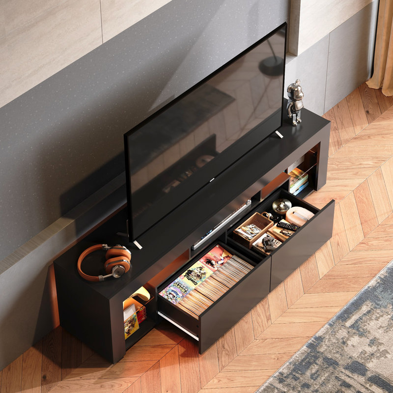 Meuble télé Manjesh pour téléviseur de 70 po avec 2 grands tiroirs de rangement, centre de divertissement de 63 po avec lumières DEL personnalisables, console multimédia moderne avec tablettes ouvertes pour le salon et la chambre à coucher