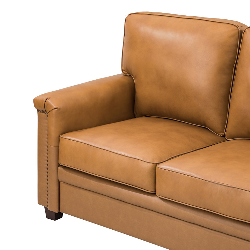Canapé à accoudoirs carrés en cuir véritable 77,2 po Ansela, Cuir fleur camel