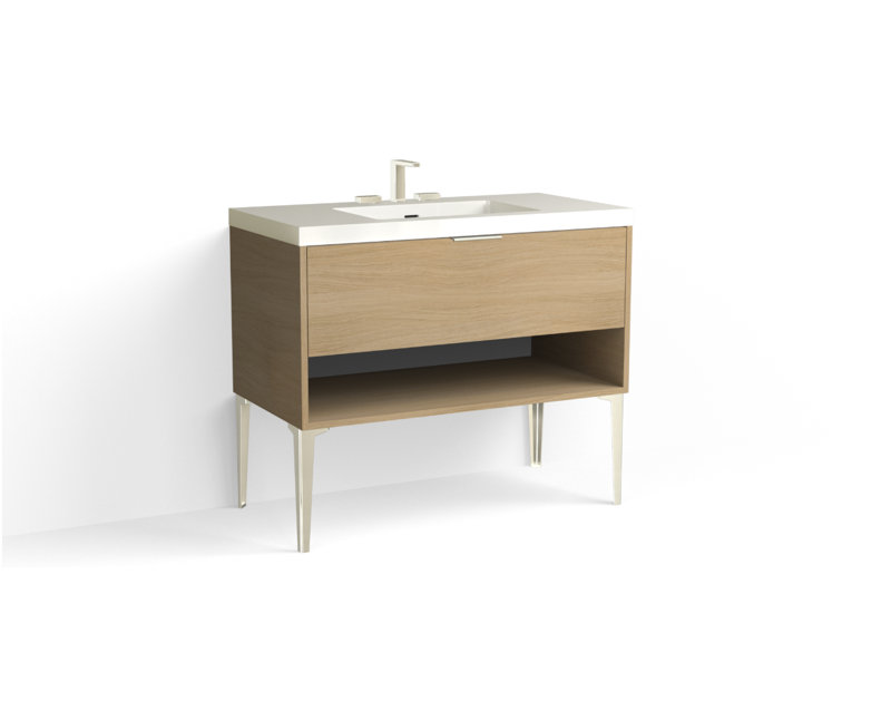 Modo 42" W Freestanding Single Bathroom Vanity with Dean Leg, Matte White/8" Widespread, Nocino, Polished Nickel
