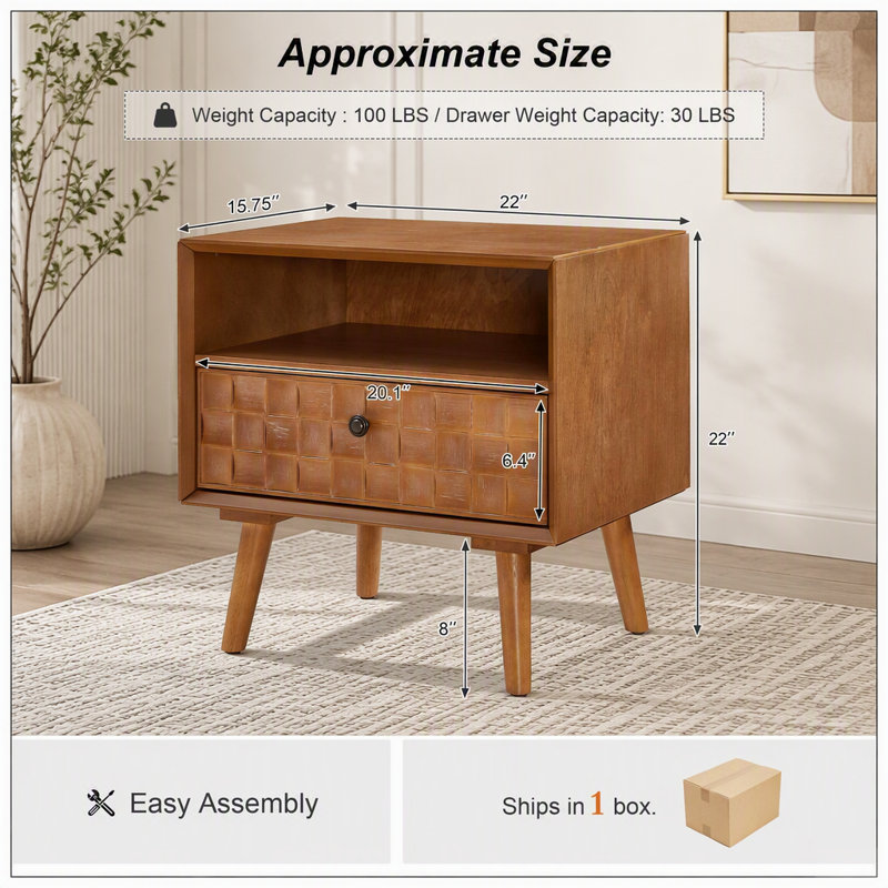 Table de chevet 22 po Mid-Century Modern, Chêne doré