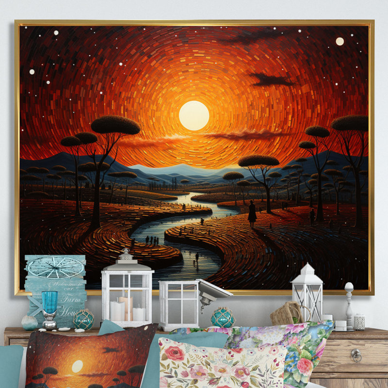«African Tribal Sunset V», reproduction sur toile, H 16 po x l 32 po x P 1 po, Cadre flottant doré