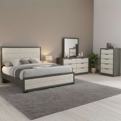 Visalia 4-Piece King Bedroom Set – Bed with Dresser, Mirror, and Chest in White & Grey Wood Finish with Chevron Accents for Modern Bedrooms