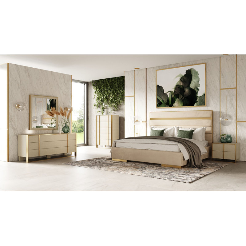 Lit en velours beige moderne et 2 tables de chevet, California KIng