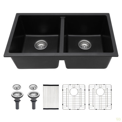Quartz Kitchen Sink - 33" X 19"  Granite Composite Undermount Kitchen Sink Double Bowl(50/50)