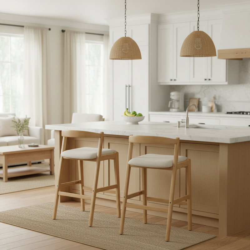 Rubberwood Barstool, Natural Finished and Beige Upholstery