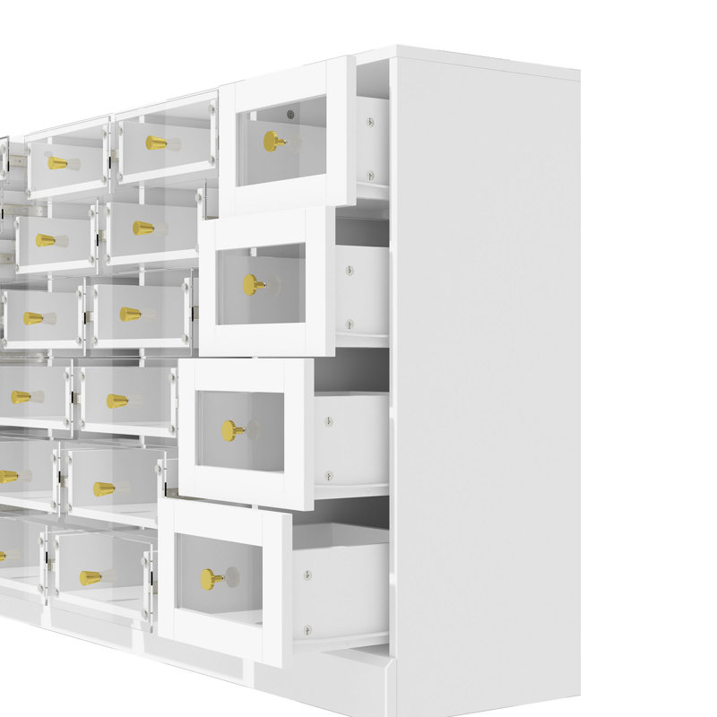 Commode 25 tiroirs avec façade en acrylique et poignées dorées - Grande commode de rangement pour la chambre à coucher
