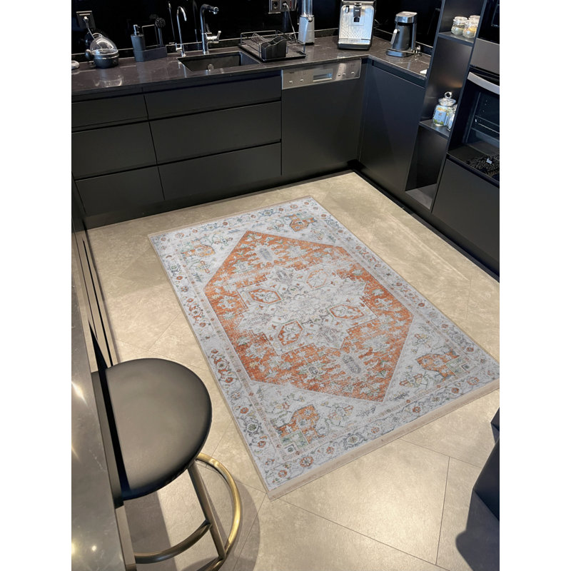 Tapis décoratif à motif frangé orange et beige à motif traditionnel orange, Rectangle 2 pi 8 po x 5 pi