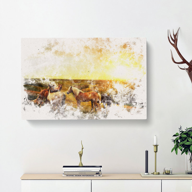 Sunset Over The Horses - Wrapped Canvas, 40cm H x 60cm W x 3cm D