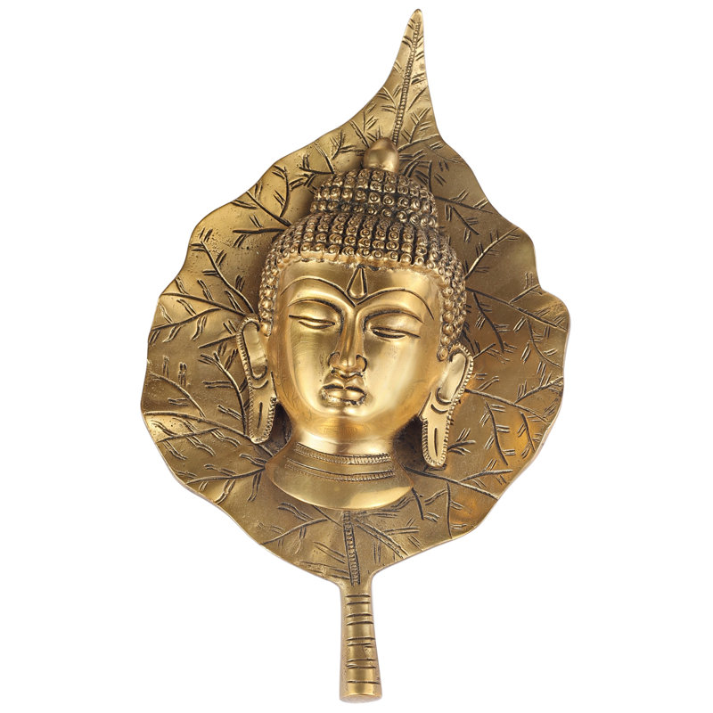 Décoration murale en laiton tête de Bouddha sur feuille peepal