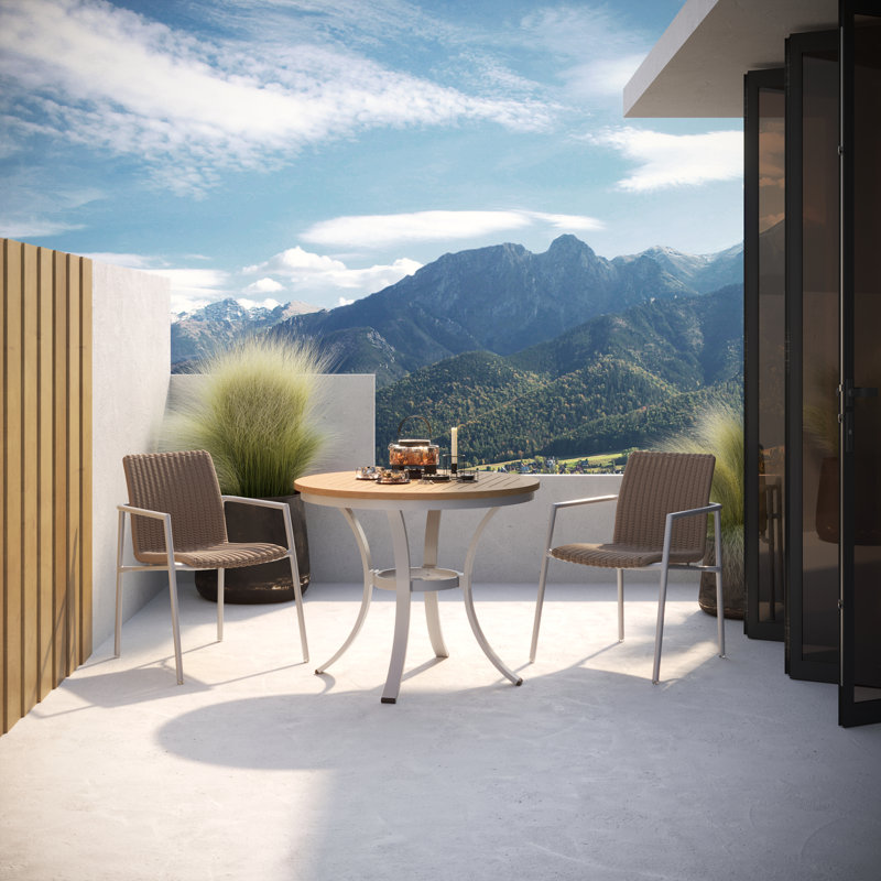 Orso 3-Piece 36" Cafe Bistro Table & Armchairs Set - Flint - Natural Tekwood Top - Sand Resin Wicker