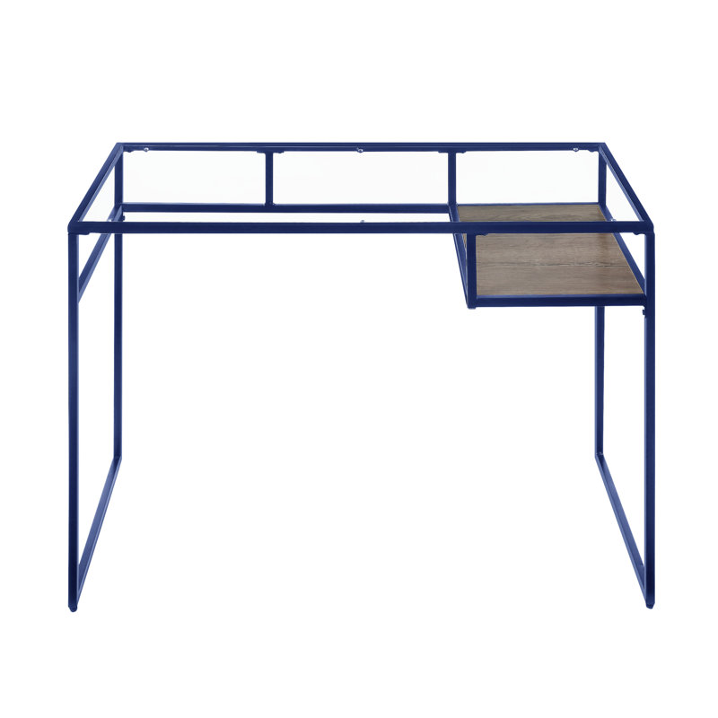 Bureau Yasin avec plateau en verre et finition bleue (sans la chaise de bureau), Transparent/bleu