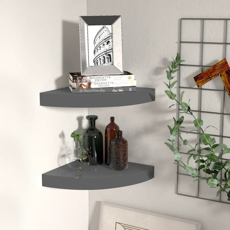 Arst 2 Piece Corner Shelf, High Gloss Grey, 3.8cm H x 35cm W x 35cm D